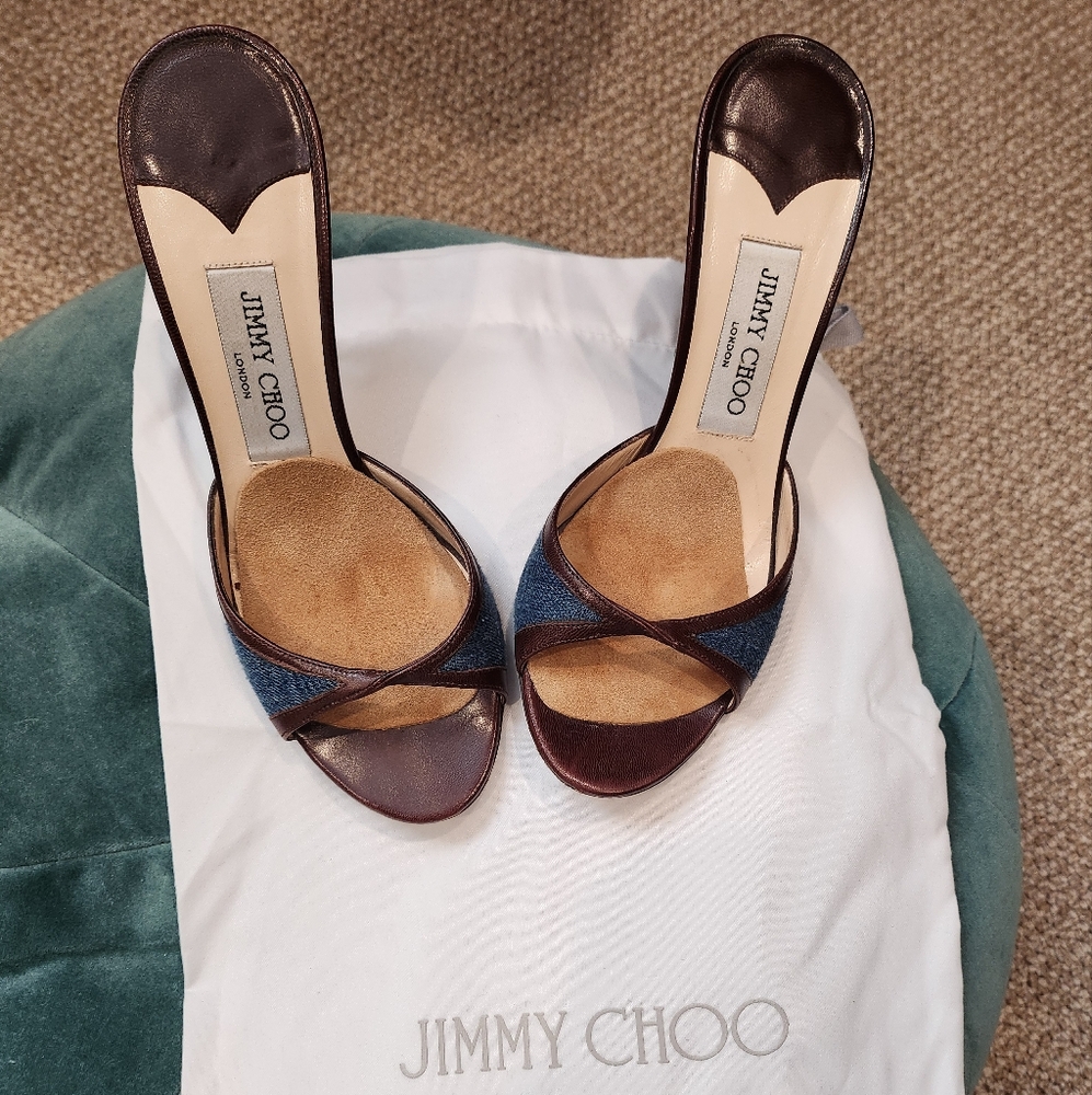 Jimmy Choo denim and Brown trim slide in Sandal, 7.5 size